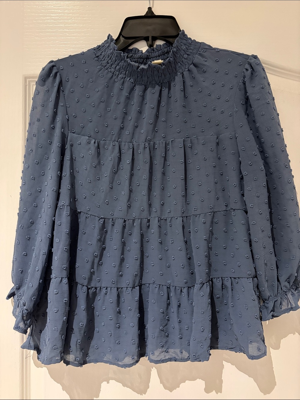 Monteau Dusty Blue Swiss Dot Ruffle Neck Tunic